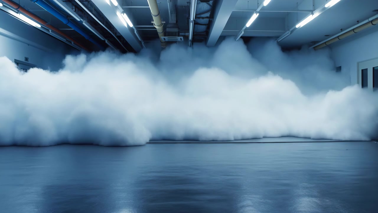Heavy fog rolls through empty industrial hallway, obscuring doorway details while cold blue fluorescent lights, exposed pipes, ducts, and glossy floor create moody high-tech safety atmosphere
