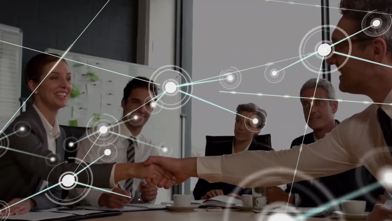 Animation of network of connections over diverse businessman and businesswoman shaking hands