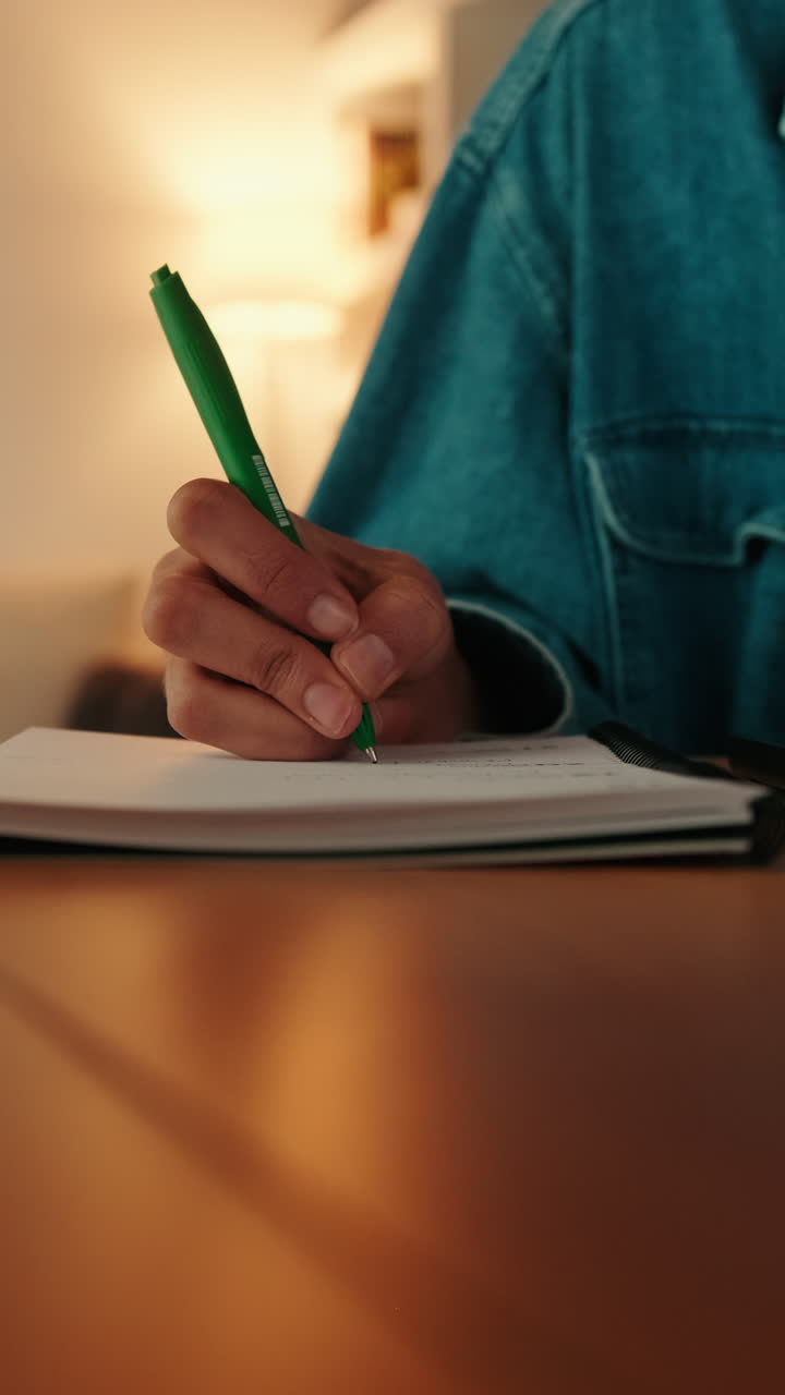 Close-up of a Hand Writing in a Notebook with a Green Pen