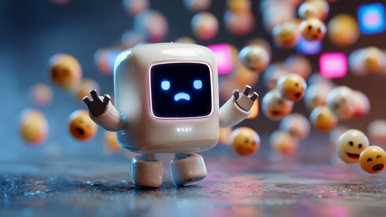 A digital companion robot expresses various emotions as it navigates through a colorful landscape of floating emoji faces, signifying the intersection of technology and emotional experiences