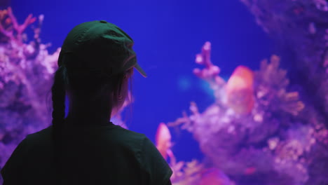Silhouette-Eines-Kleinen-Mädchens,-Das-Ein-Riesiges-Aquarium-Mit-Meeresfischinspiration-Und--eindrücken-Betrachtet
