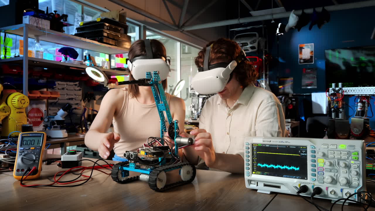 Young man and woman in VR glasses doing experiments in robotics in a laboratory. Robot and tools on the table. Slow motion. Translation from Romanian language on red sign "keep the workplace clean"