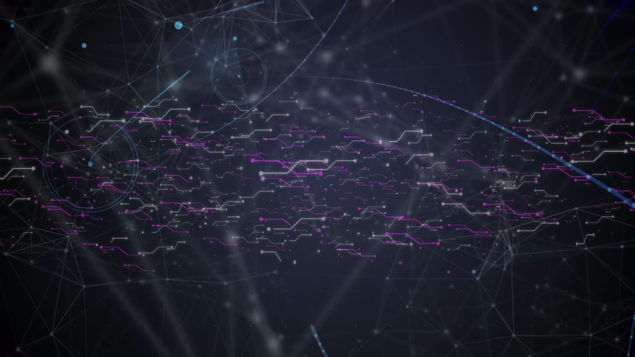 Digital animation of network of connections and light trails against black background