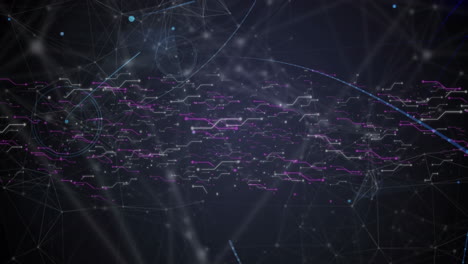 digital animation of network of connections and light trails against black background