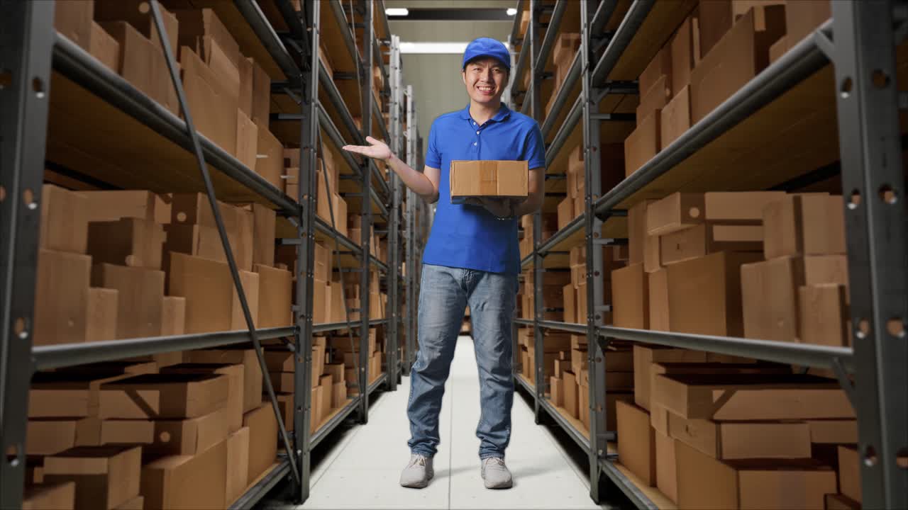 cuerpo lleno de mensajero masculino asiático en uniforme azul sonriendo y señalando al lado mientras entrega una caja en el almacén