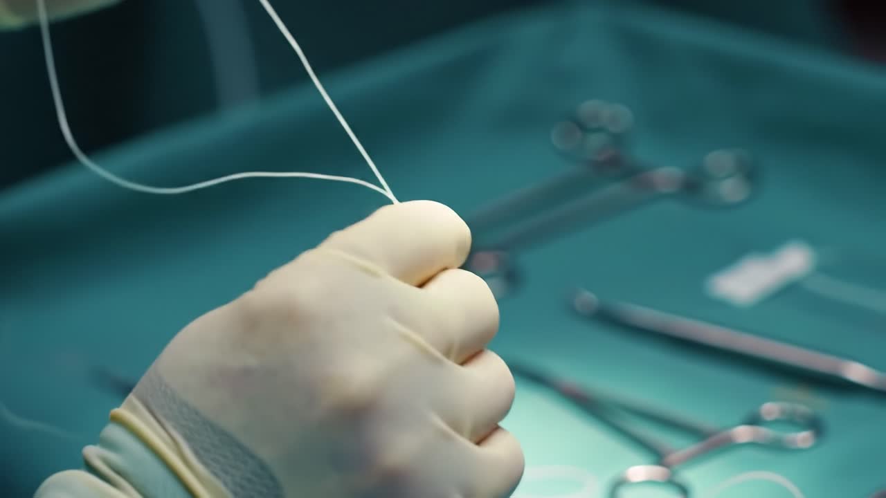 Talented surgeons perform a critical procedure, meticulously preparing sutures while surrounded by surgical instruments in a sterile environment. Precision is paramount in every movement.