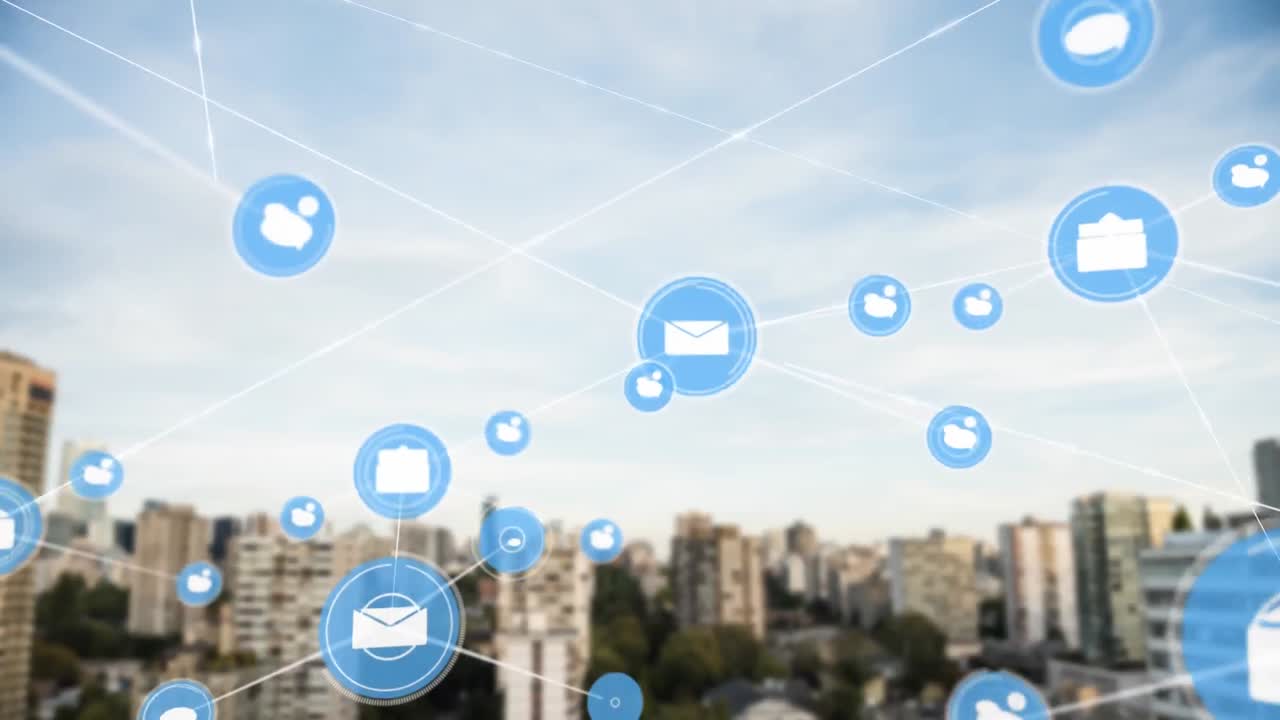 도시 풍경 위의 아이콘으로 연결된 네트워크의 애니메이션