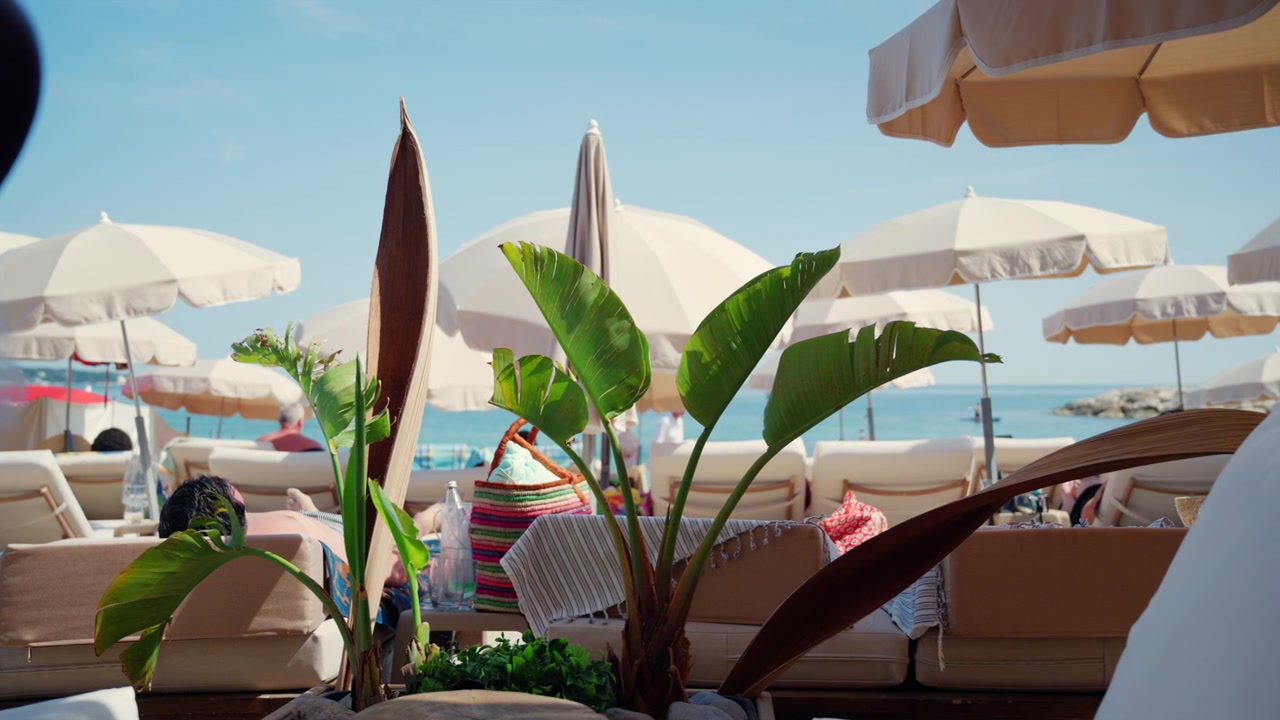 Elegante area lounge sulla spiaggia con ombrelloni, piante tropicali e vista mare, in una soleggiata giornata estiva.