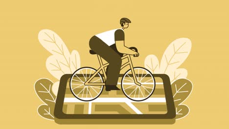 homme de style jaune personnage plat vitesse à vélo avec smartphone. animation de boucle isolée avec des questions d'alpha