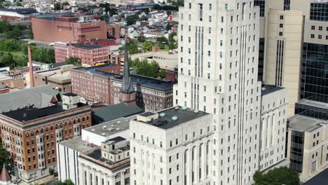 rising aerial, dramatic skyscrapers, office buildings in downtown urban city, church, apartment, homes, business, government buildings, united states of america usa, cinematic establishing shot