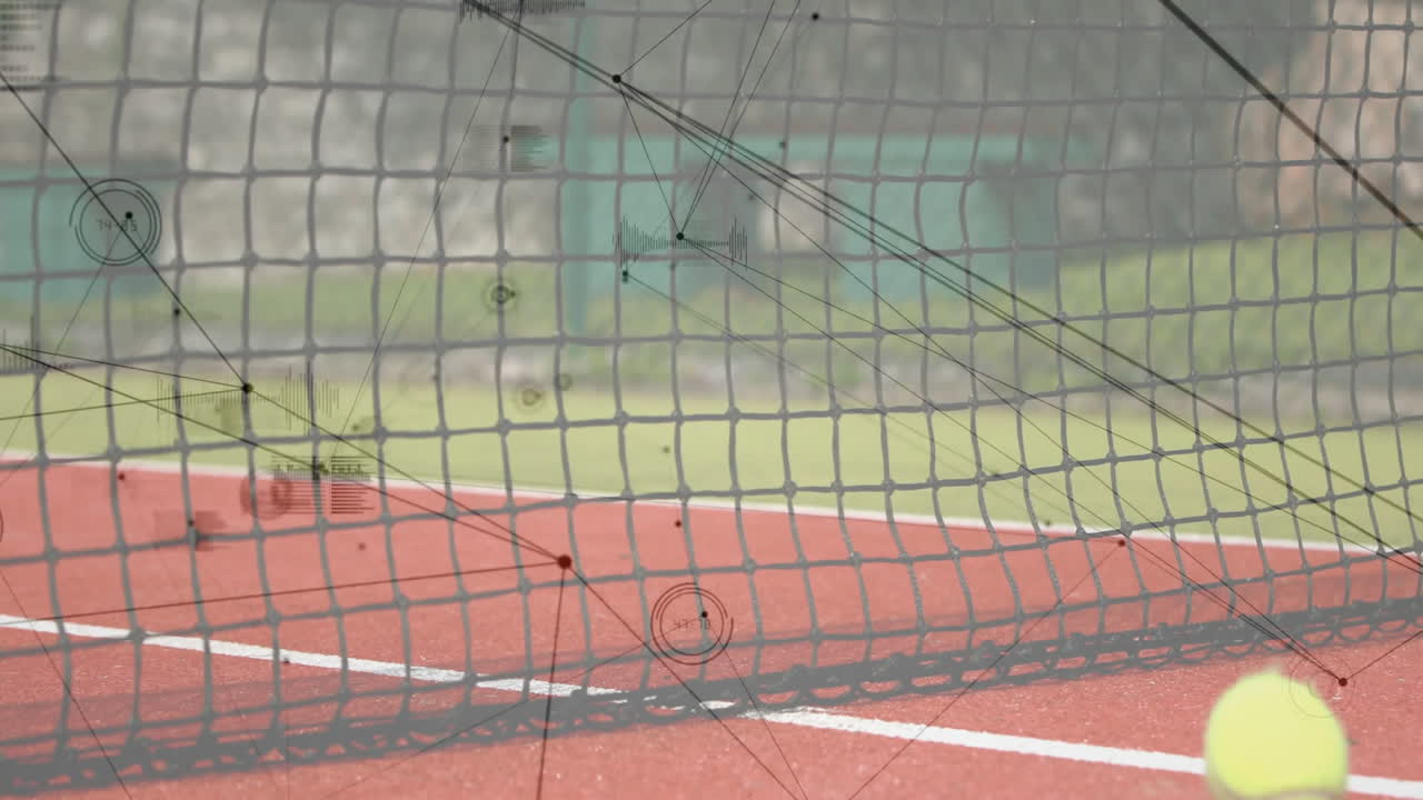Tennis net sagging over red clay court in animated render with turf beyond barrier