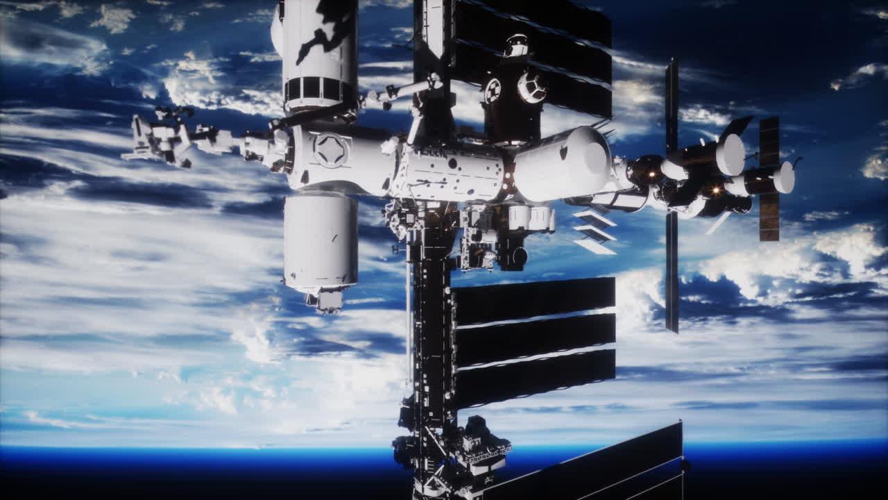 International space station in dark starry space