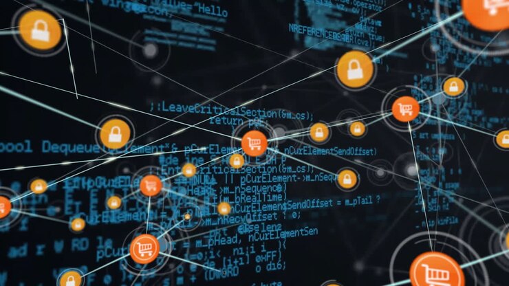 Animation of network of connections with icons over data processing