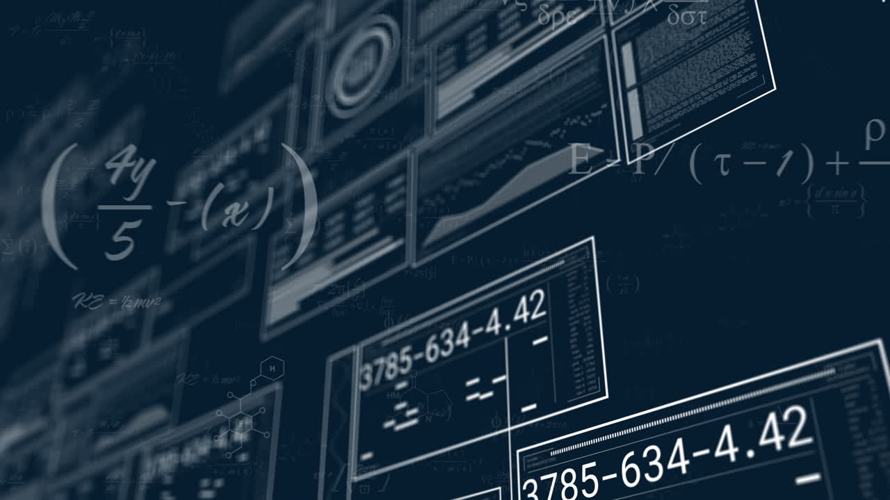 Animation of mathematical data processing over screens on dark background