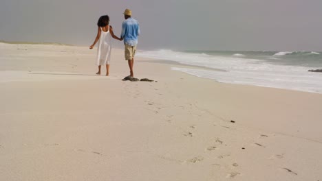 Rear-view-of-African-american-couple-walking-hand-in-hand-on-the-beach-4k