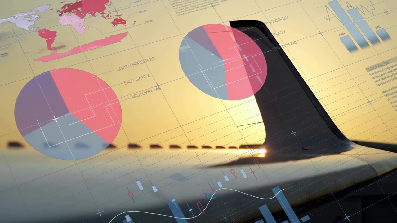 Data table scrolling triggers airplane wing tail showing bar charts, gauges forming infographic