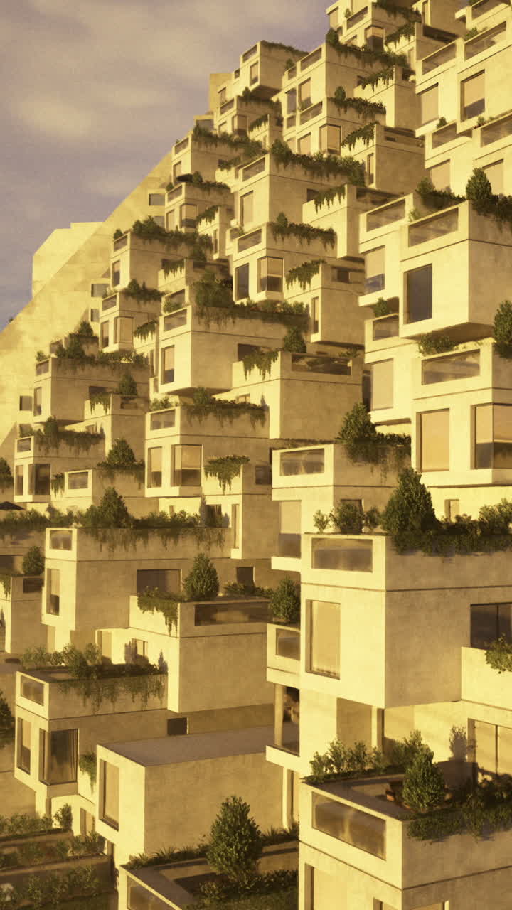 Design de edifício com múltiplas unidades empilhadas e vegetação na fachada na cidade.
