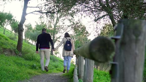 Pareja-Tomados-De-La-Mano-Caminando-Juntos-En-Un-Hermoso-Y-Tranquilo-Parque-En-La-Naturaleza,-Medina,-España