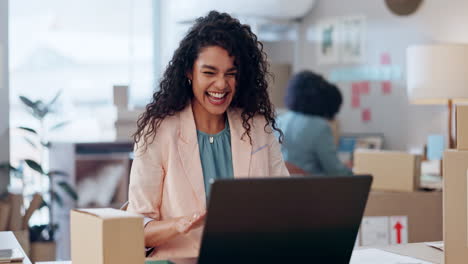 Woman,-winning-on-laptop-and-logistics