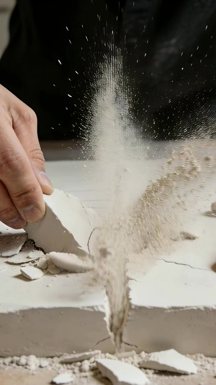 Vertical video: Entering hands peeling shard off split slab at desk dark top dust exposing crack