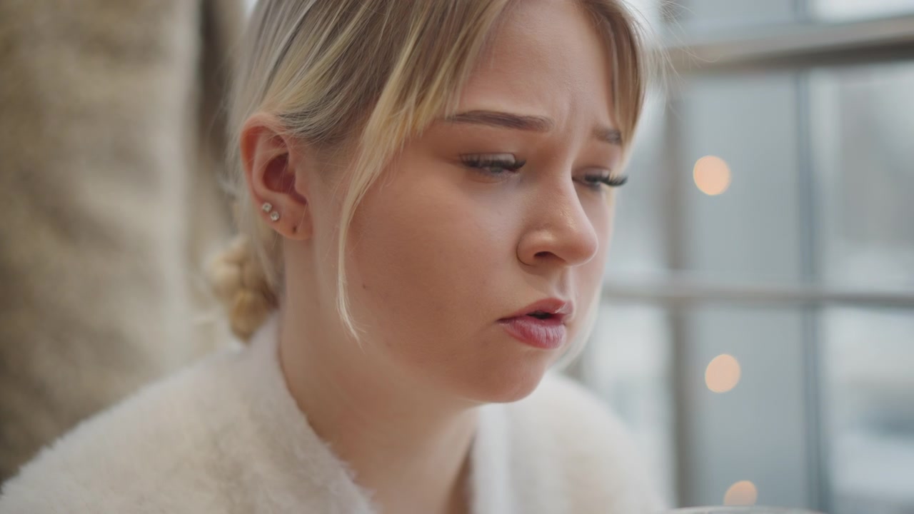 Three-quarter close-up of young woman seated indoors with downcast gaze, moist eyes, pressed lips, and subtle breathing, conveying private emotion, reflection, and gentle recovery, with woman, female