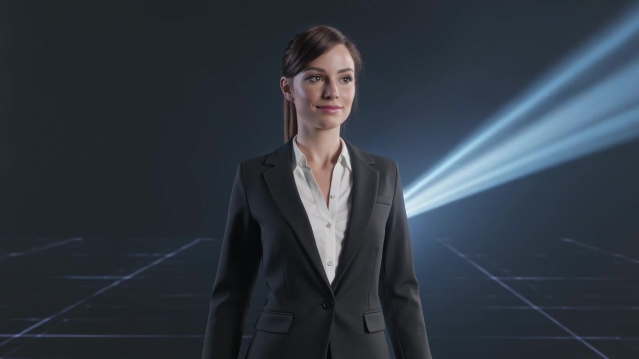 En programleder i mørk blazer forvandles mens en stråle skanner og skifter fra hologram til menneske på scenen.