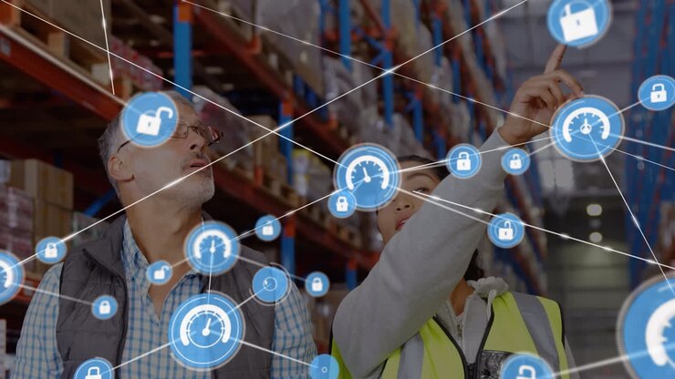 Animazione di rete di connessioni su due diversi operai di magazzino