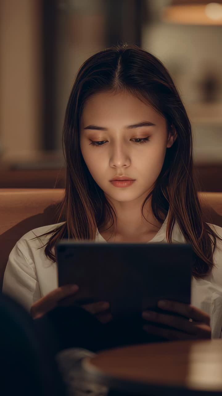 Vertical video: Glancing down woman in white top tilting and swiping tablet to read on couch lamp
