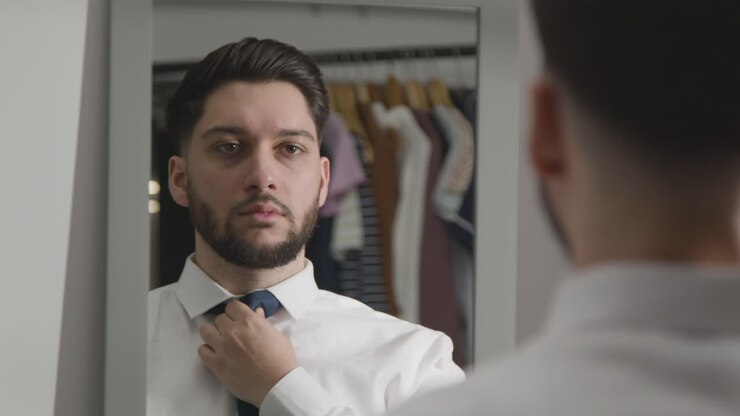 Young Man At Home Putting On Tie Ready For Job Interview Reflected In Mirror 1