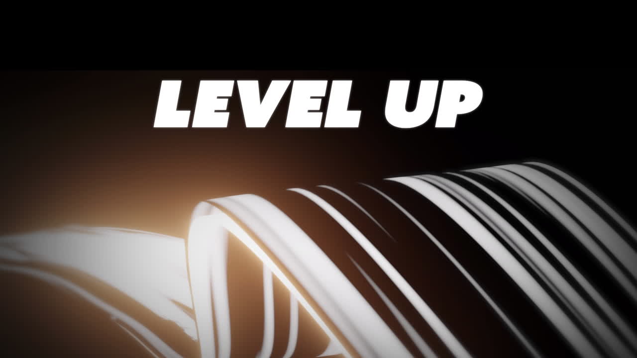 검은 바탕에 레벨 업 텍스트와 빛 트레일의 애니메이션