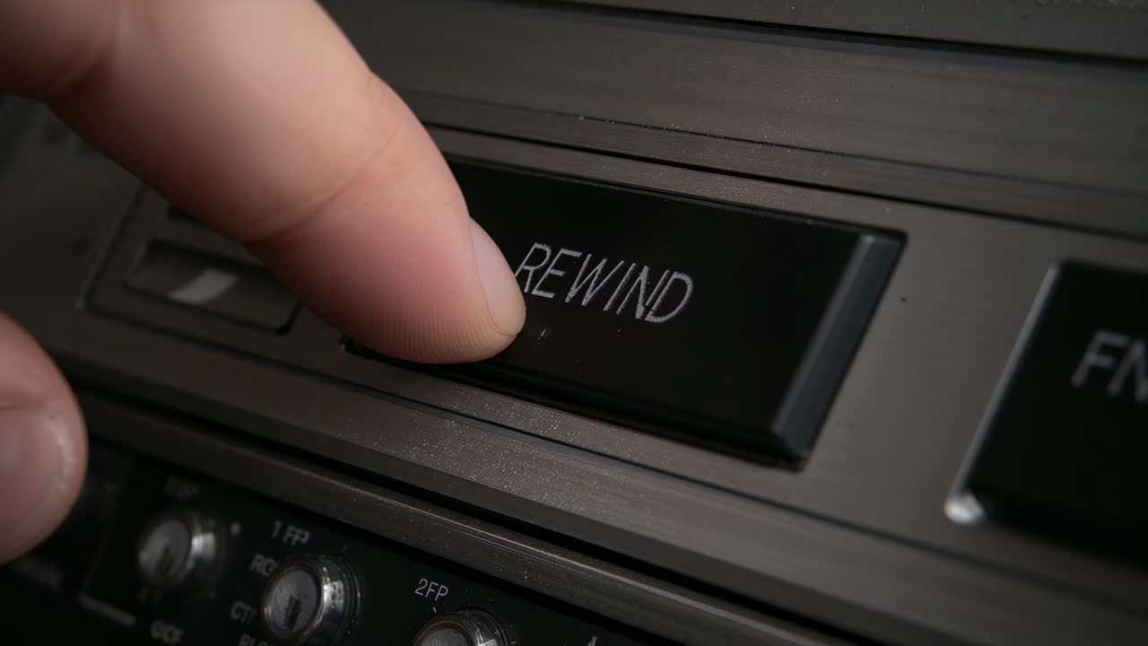 Pressing bare fingertip initiating REWIND button on car cassette faceplate, seeking tape replay