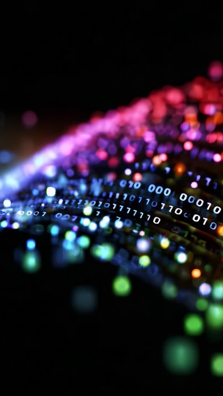 Ondas de datos digitalizadas y coloridas que representan código binario en una exhibición abstracta y vibrante de tecnología e información que fluye por el espacio