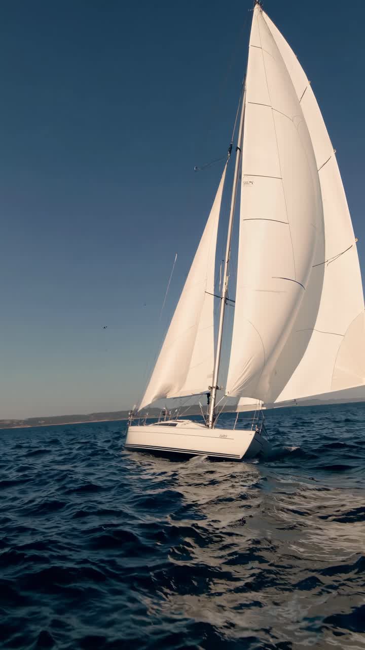 A dynamic low-angle video shot of a sailboat gliding through the ocean, emphasizing the vast sails
