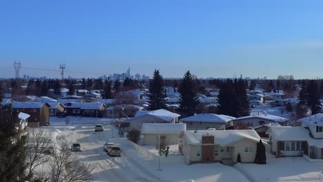 Revelación-Aérea-Volar-Sobre-Nevado-En-Casas-Unifamiliares-De-Poca-Altura-Calles-Cubiertas-De-Nieve-Coches-Revelados-Por-Un-Alto-Abeto-Fraser-Con-Cielos-Azules-Diríjase-Hacia-El-Sur-Hasta-El-Centro-De-Edmonton-Rascacielos-De-Gran-Altura-En-El-Horizonte