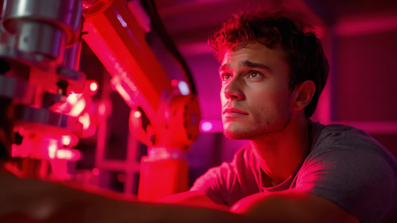 A Focused Technician Analyzes Advanced Robotics Technology Amidst Striking Pink and Red Lighting for Enhanced Productivity and Innovation in Automation