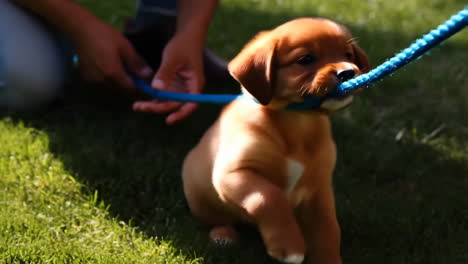 a cute puppy playing tug-of-war with a blue rope on the grass