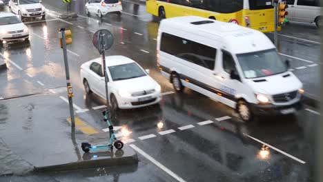 traffic in the city on a rainy day