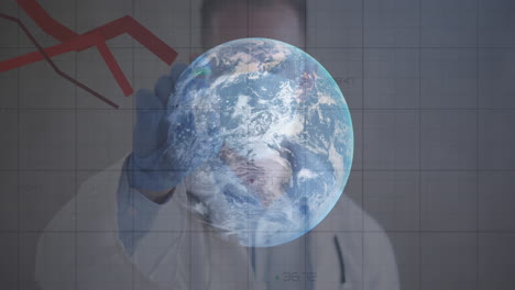 animation of red lines recording with globe over male doctor holding vaccination wearing face mask