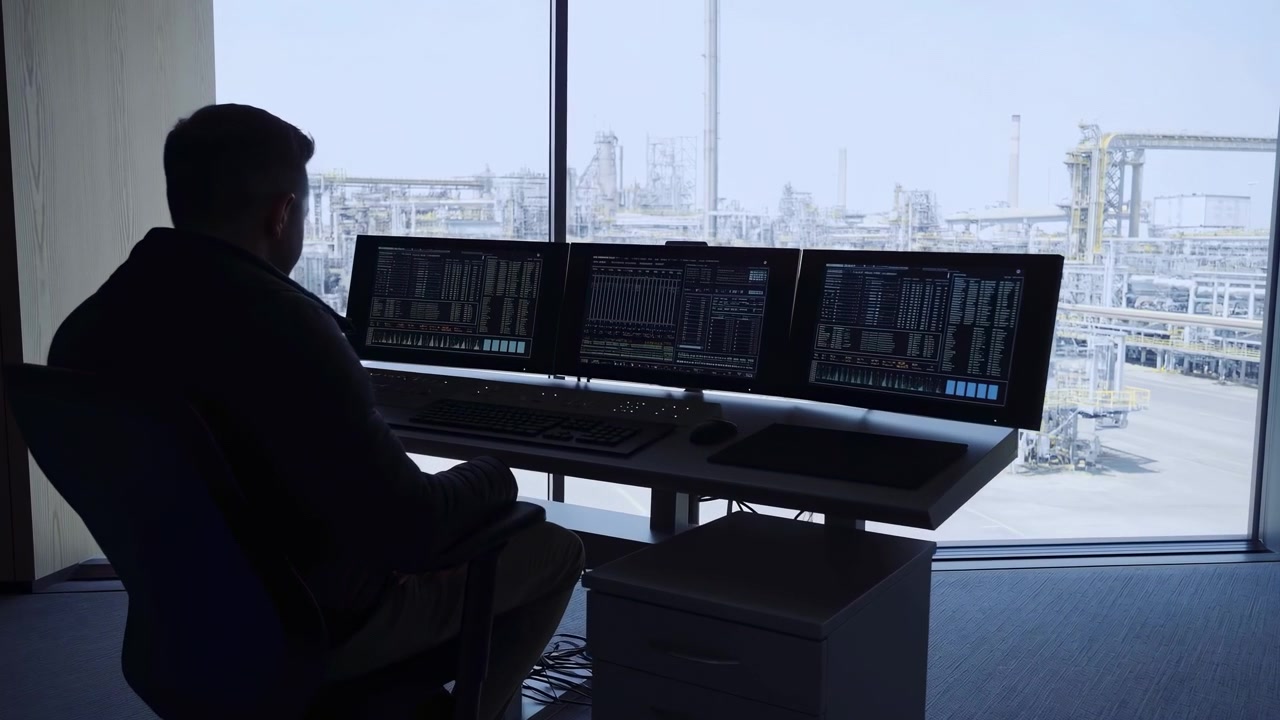 Backlit operator sits facing three wide displays filled with charts and interface panels, with bright windows revealing industrial structures across the exterior view.