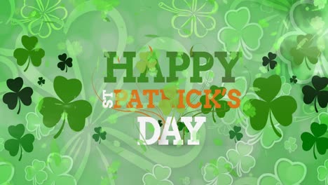 animation of st patrick's day text and shamrock on green background