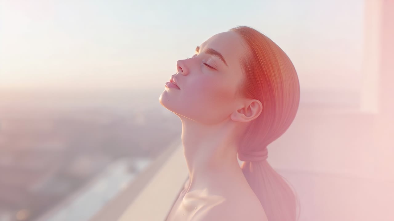 Stepping to railing adult woman greeting sunrise on rooftop, embracing skyline glow, copy space