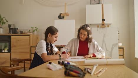 mother and daughter learning art together