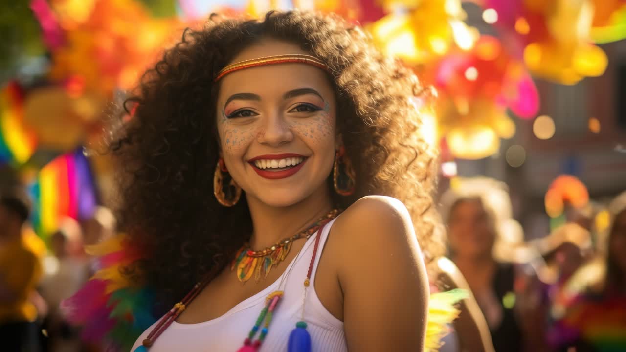 Vibrant street festival scene with a smiling woman in focus. Shot from a low angle