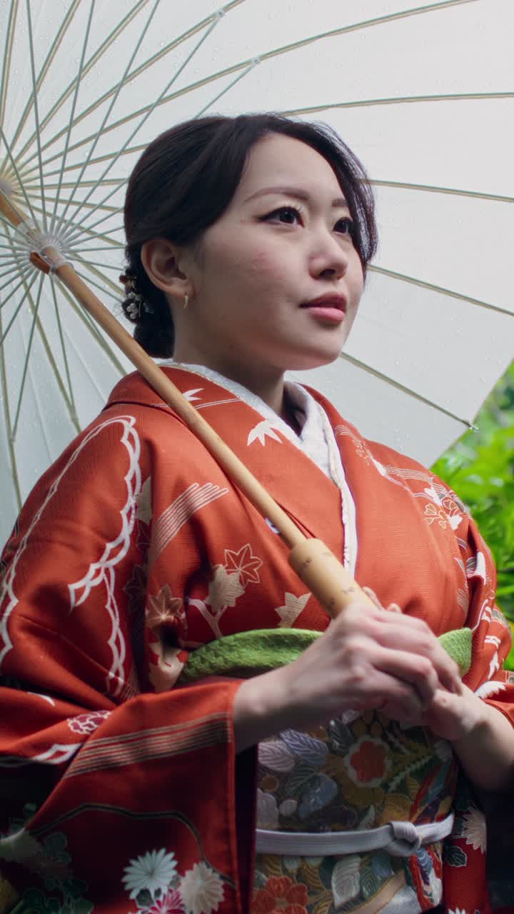 Woman in Traditional Japanese Kimono with Umbrella