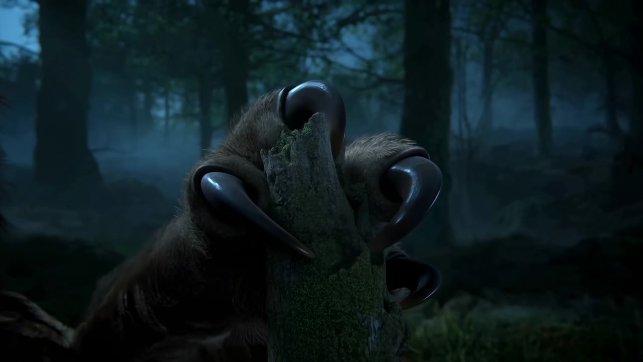 Extreme close-up of large furry paw clutching moss-covered wooden post inside dim foggy forest at dusk or night, with wet wood texture, dark blue tones, shallow depth, moody atmosphere
