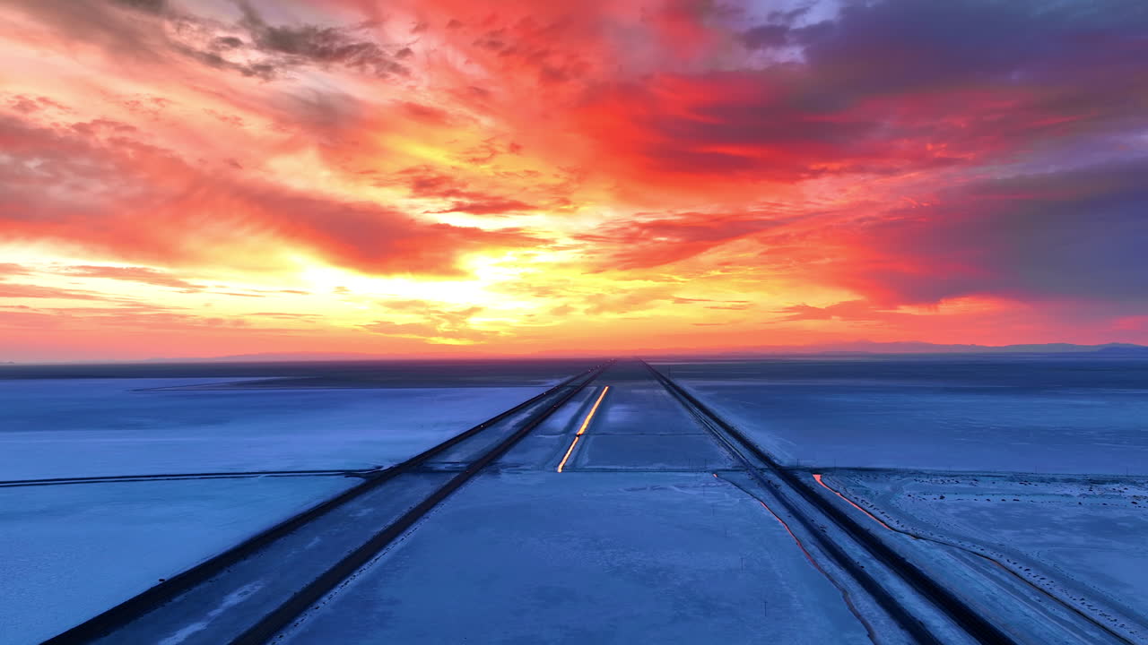 Colorful red, yellow and orange sky at sunset. Flight over the vast blue salty pan in Bonneville Salt Flats, Utah, United States