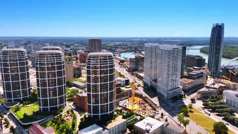 contemporary high-rise buildings in the cityscape of bratislava, slovakia. sunny scenery of the city from drone