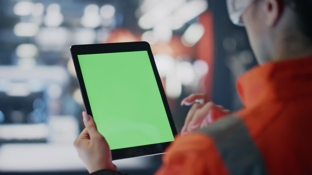 엔지니어의 손이 생산 공장에서 녹색 화면 태블릿을 스크롤합니다.