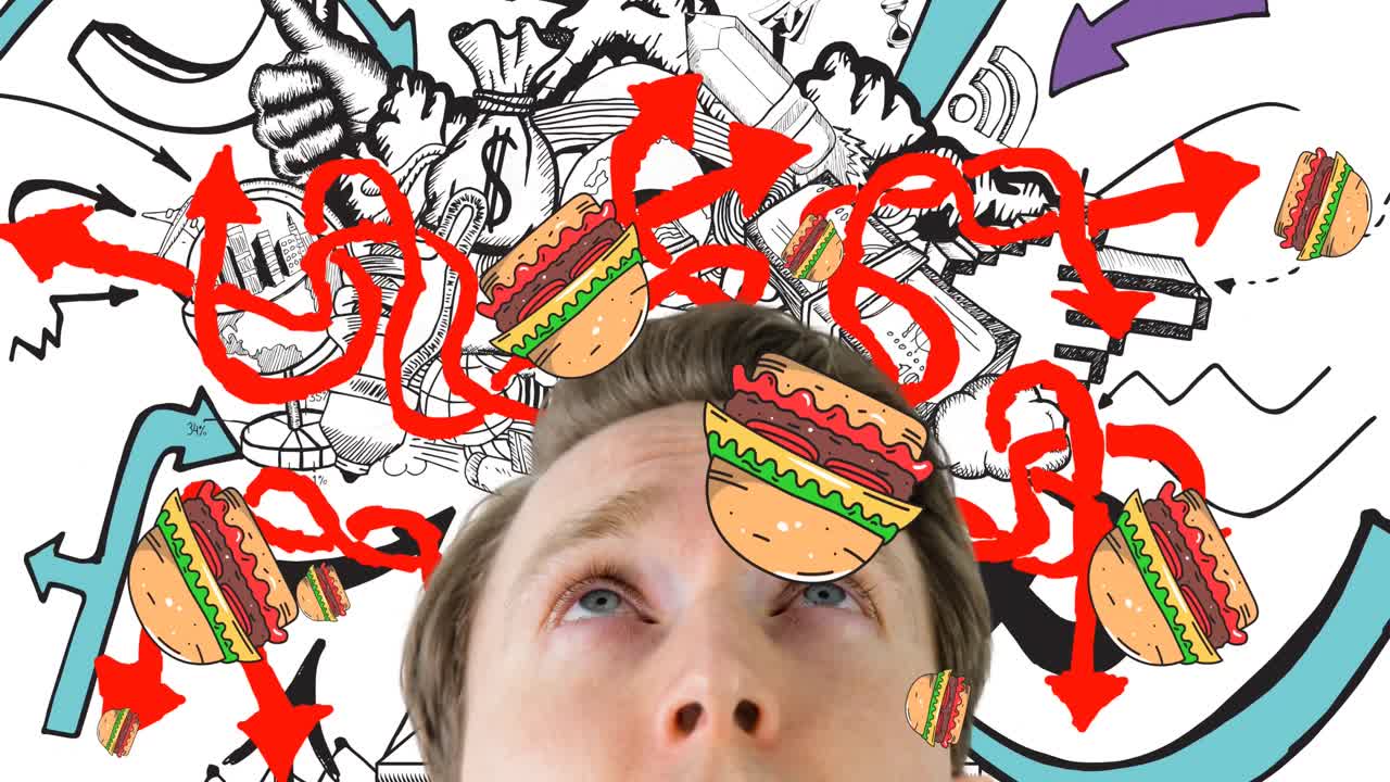 햄버거와 비즈니스 아이콘 위에 백인 남자와  ⁇ 은 화살표의 애니메이션