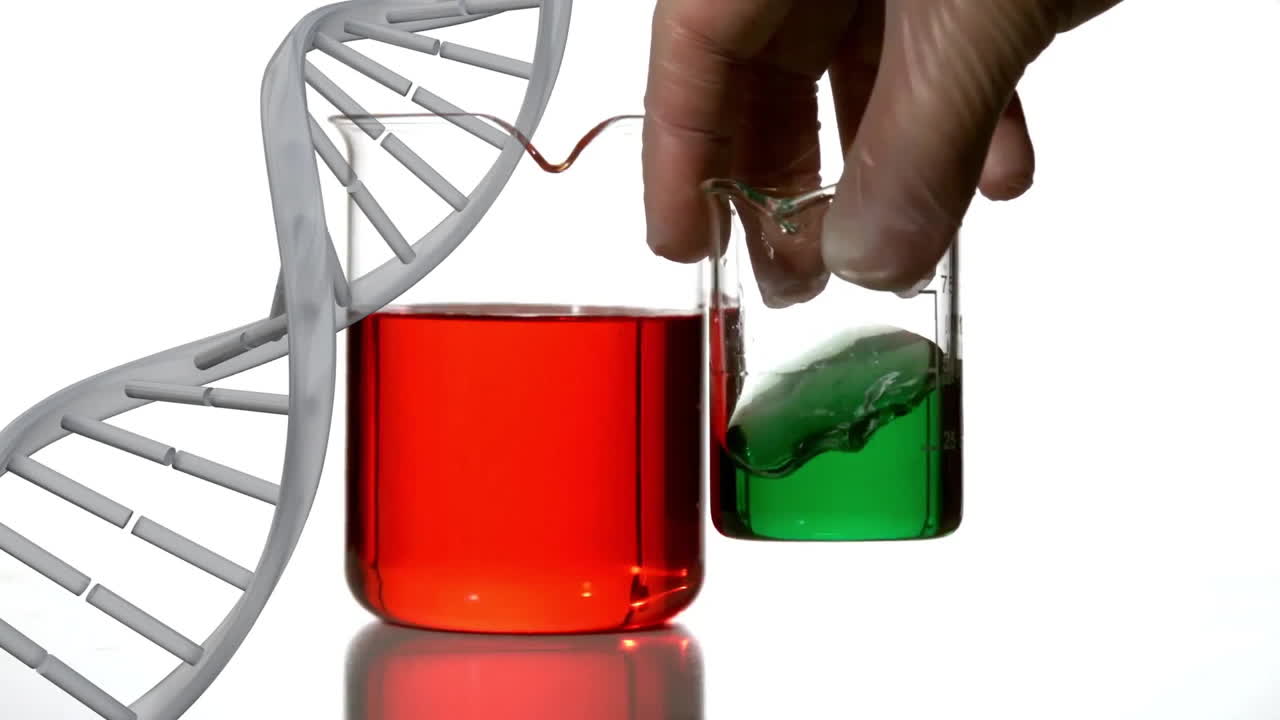 Animazione di un filamento di DNA su uno scienziato che tiene una beuta